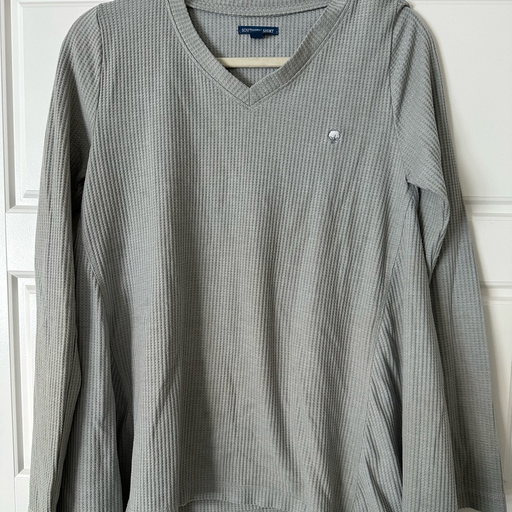 Waffle Gray V-Neck Long Sleeve Top